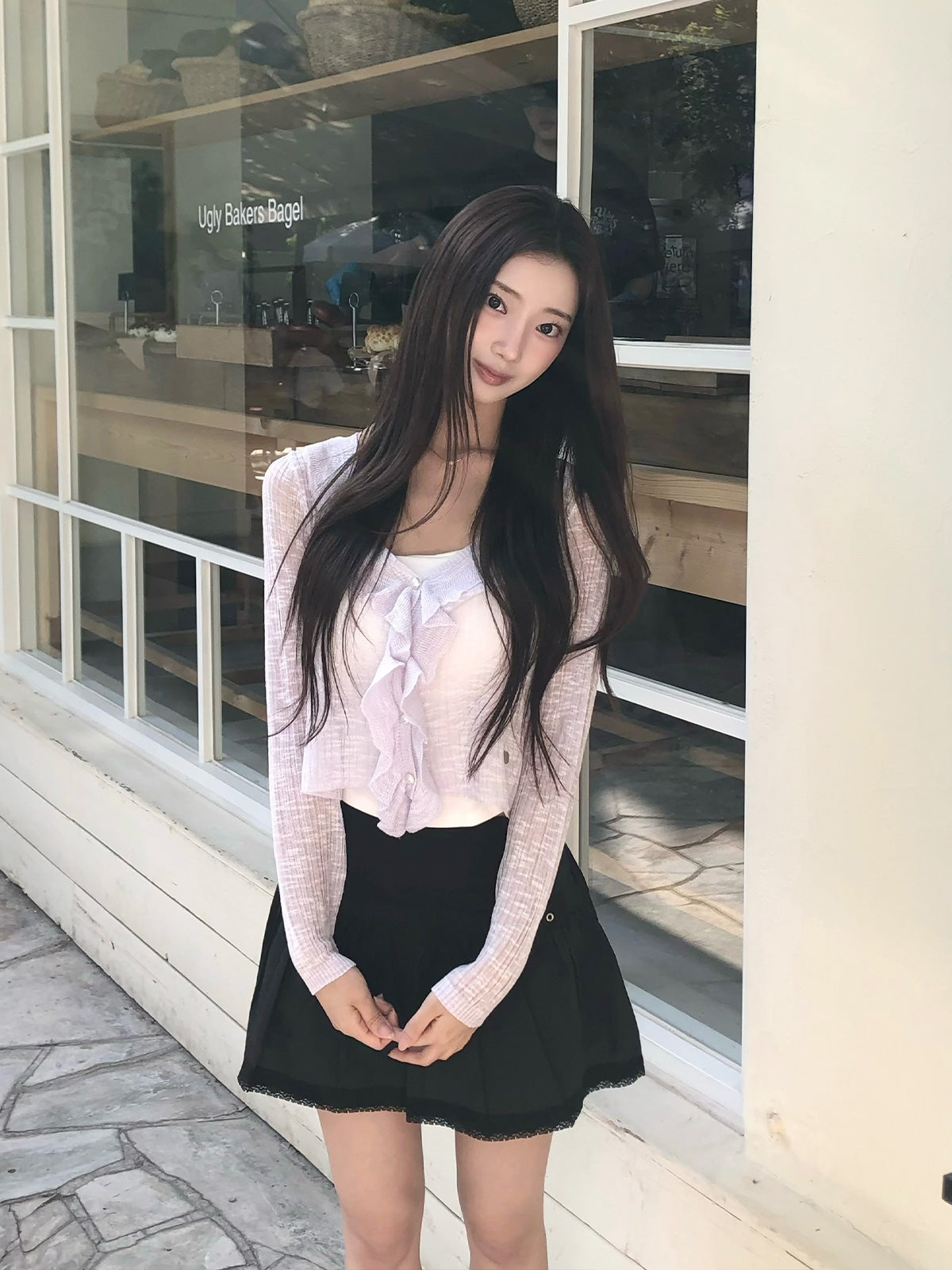 Qming buckle lace flare mini skirt