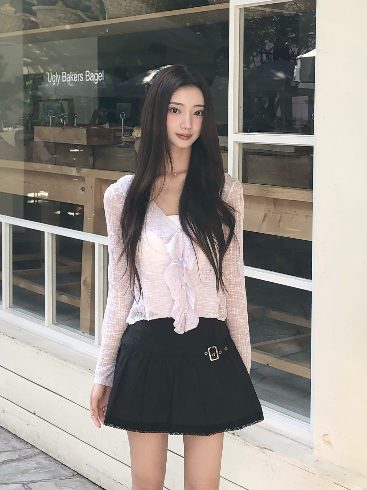 Qming buckle lace flare mini skirt