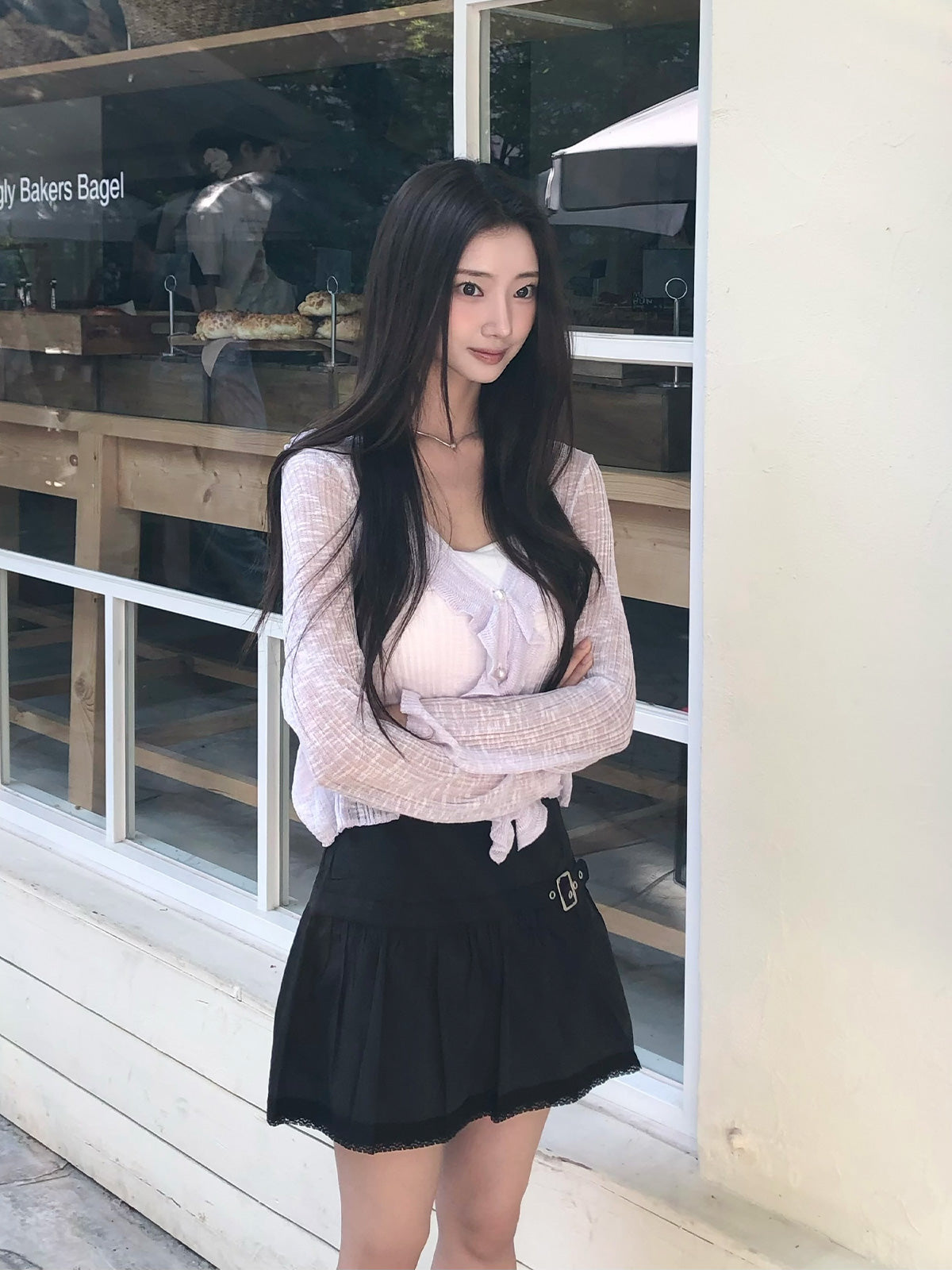 Qming buckle lace flare mini skirt