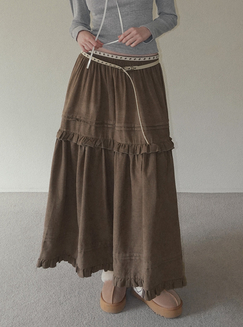Ridil suede frill flare long skirt
