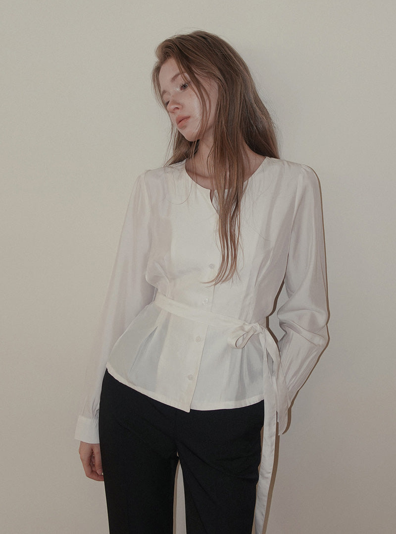 Binre pintuck round neck long sleeve blouse (strap set)