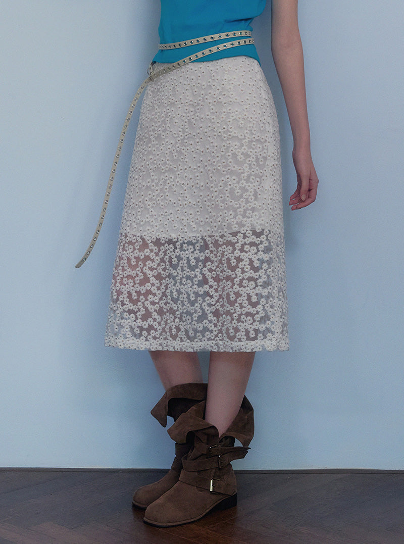 Rutten flower embroidery see-through long skirt