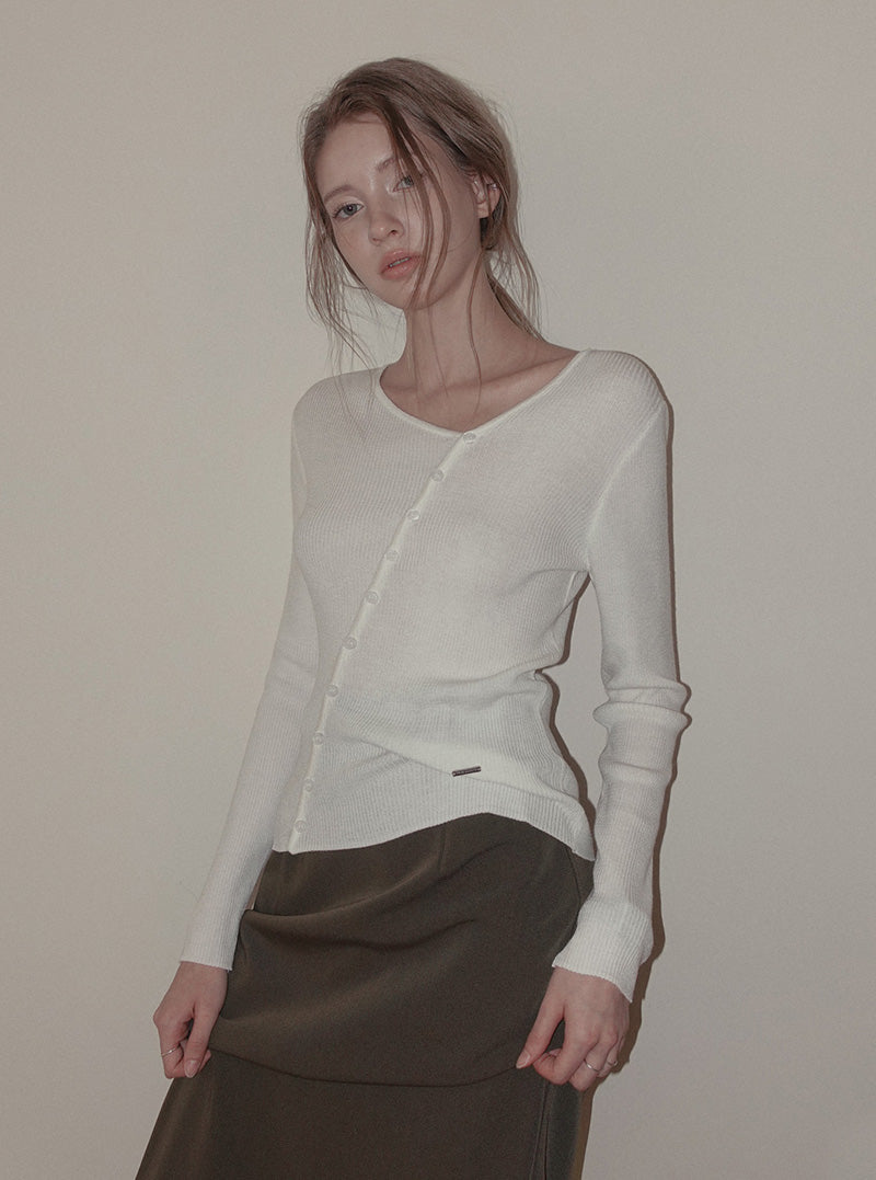 Pullit diagonal asymmetric button long sleeve knit