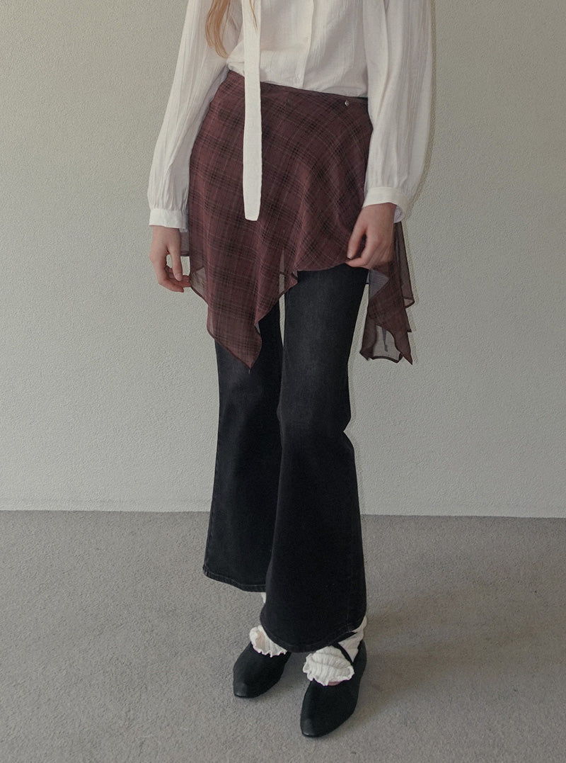 Bran check see-through wrap skirt
