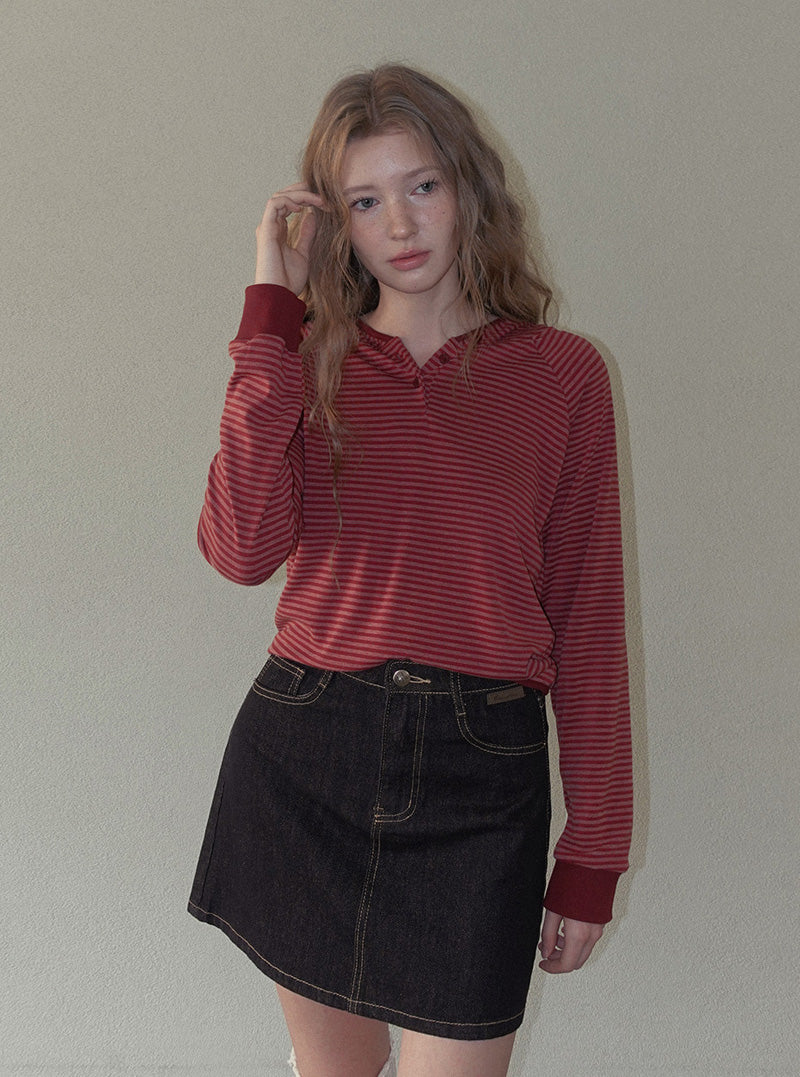 Rori stripe button hood long sleeve T-shirt