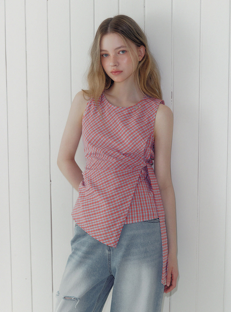 Conf check unbalanced wrap blouse