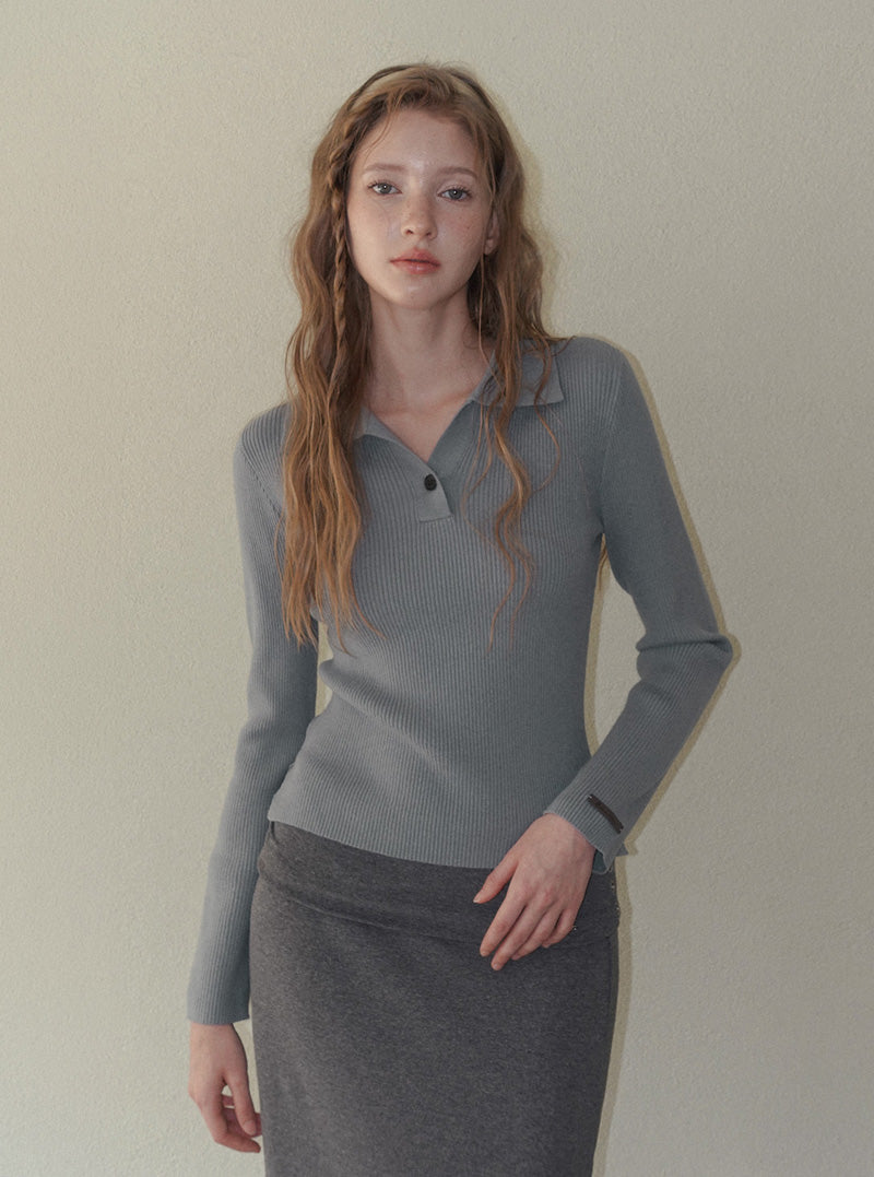Sireon onebutton collar ribbed long sleeve knit