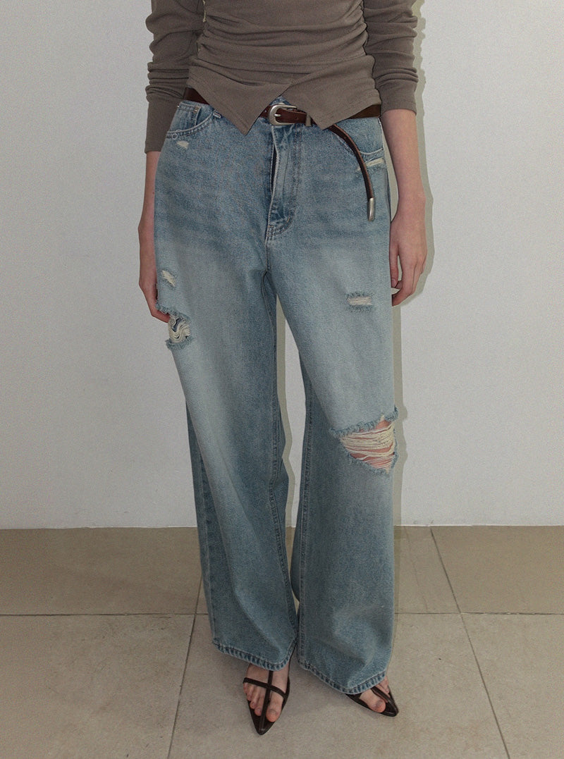 Ranble distressed wide-leg long denim pants