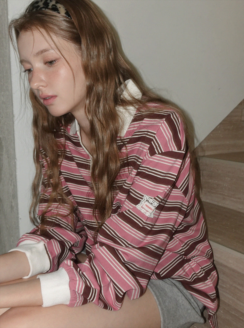 Haute stripe contrast collar long sleeve T-shirt