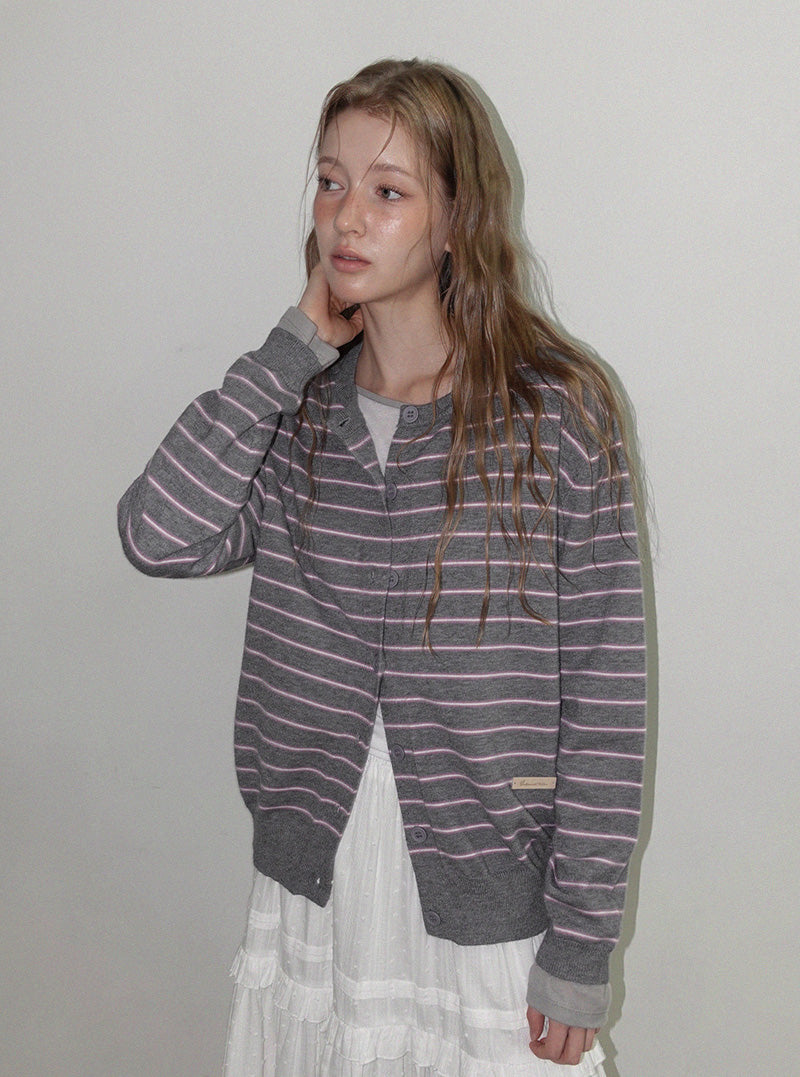 Turns stripe round neck long sleeve cardigan