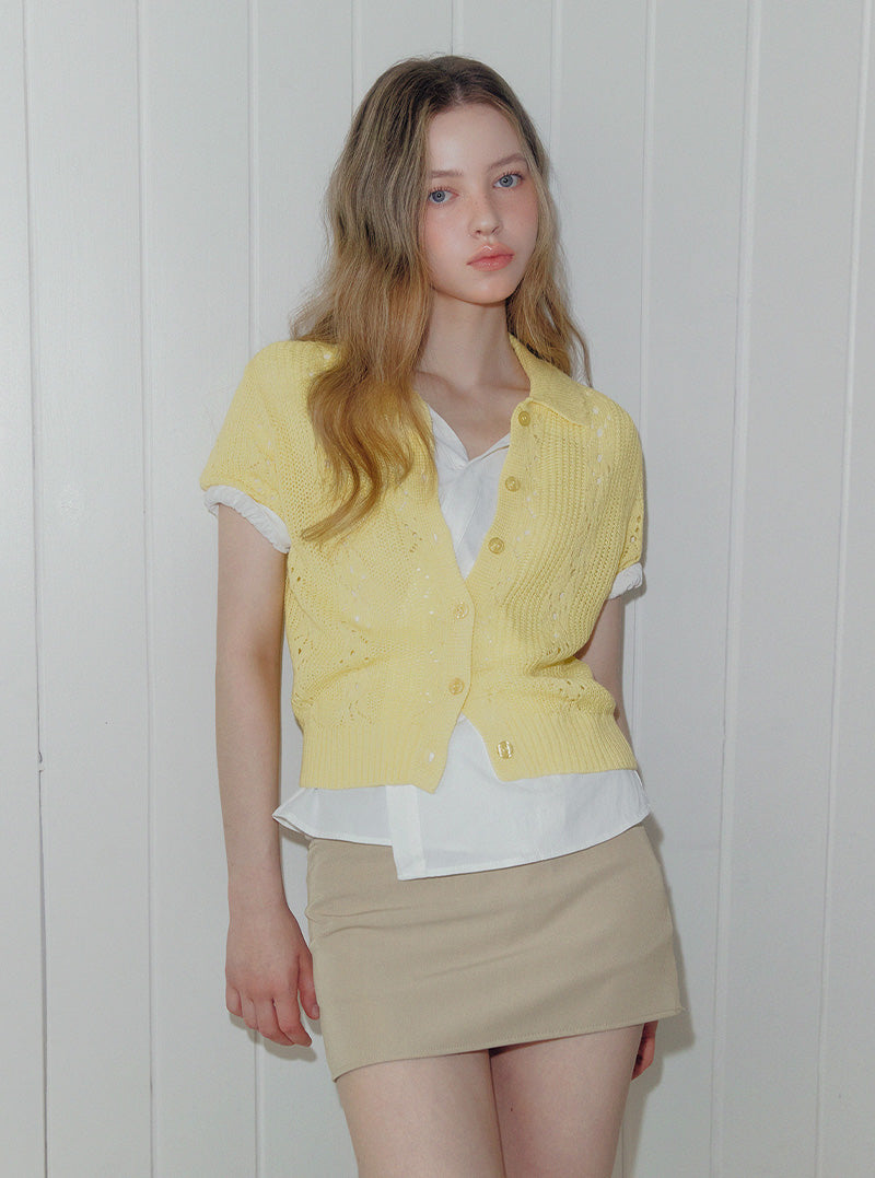 Youd punching collar knit short sleeve cardigan
