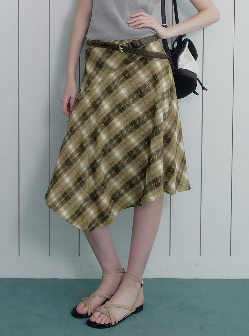 Tozdi check unbalance midi skirt strap set