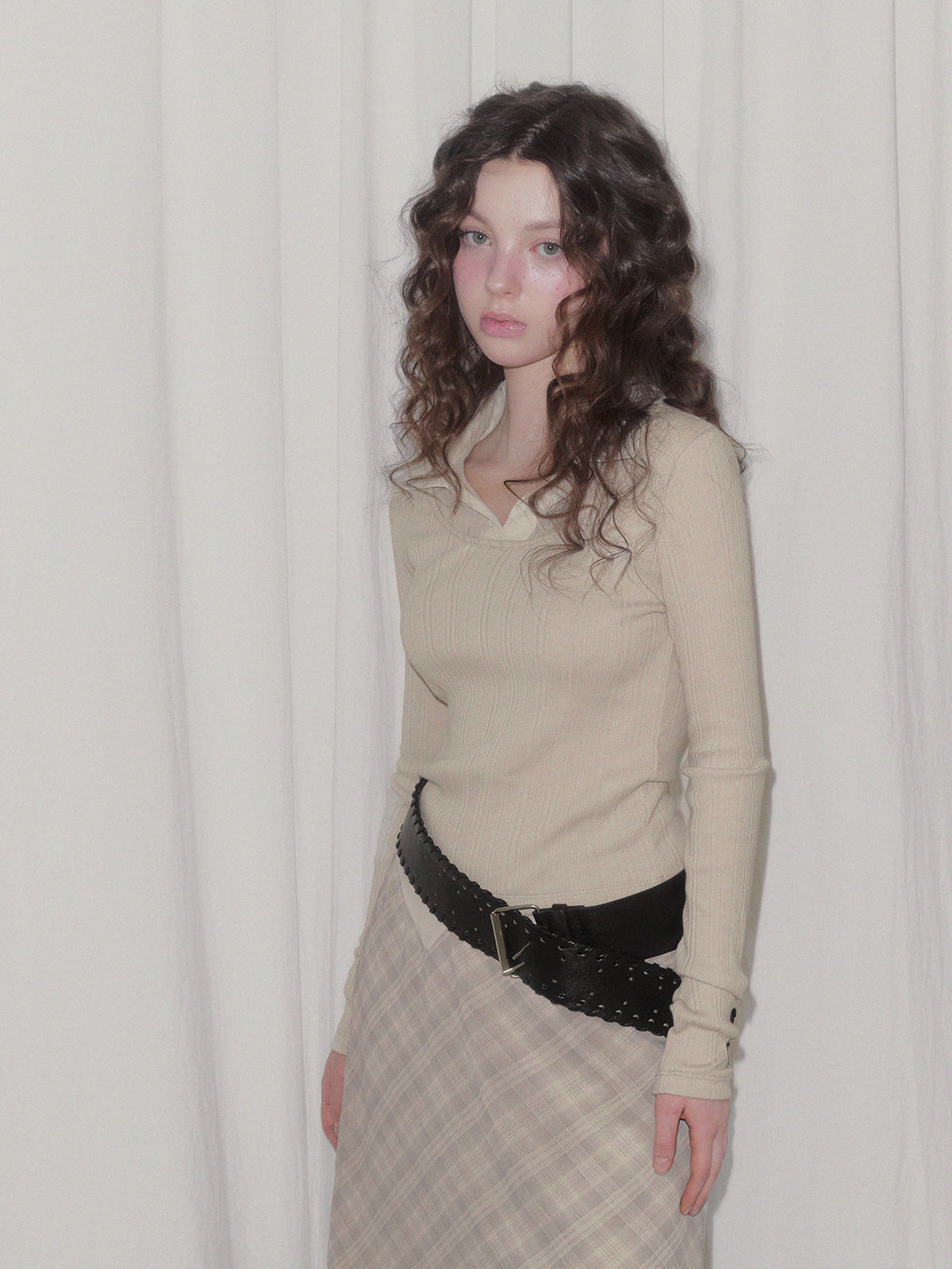 Revel sheer collar rib long sleeve t-shirt