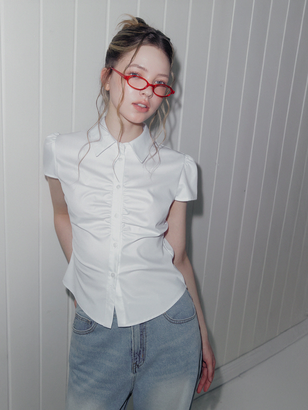 Uple shirring collar short sleeve blouse