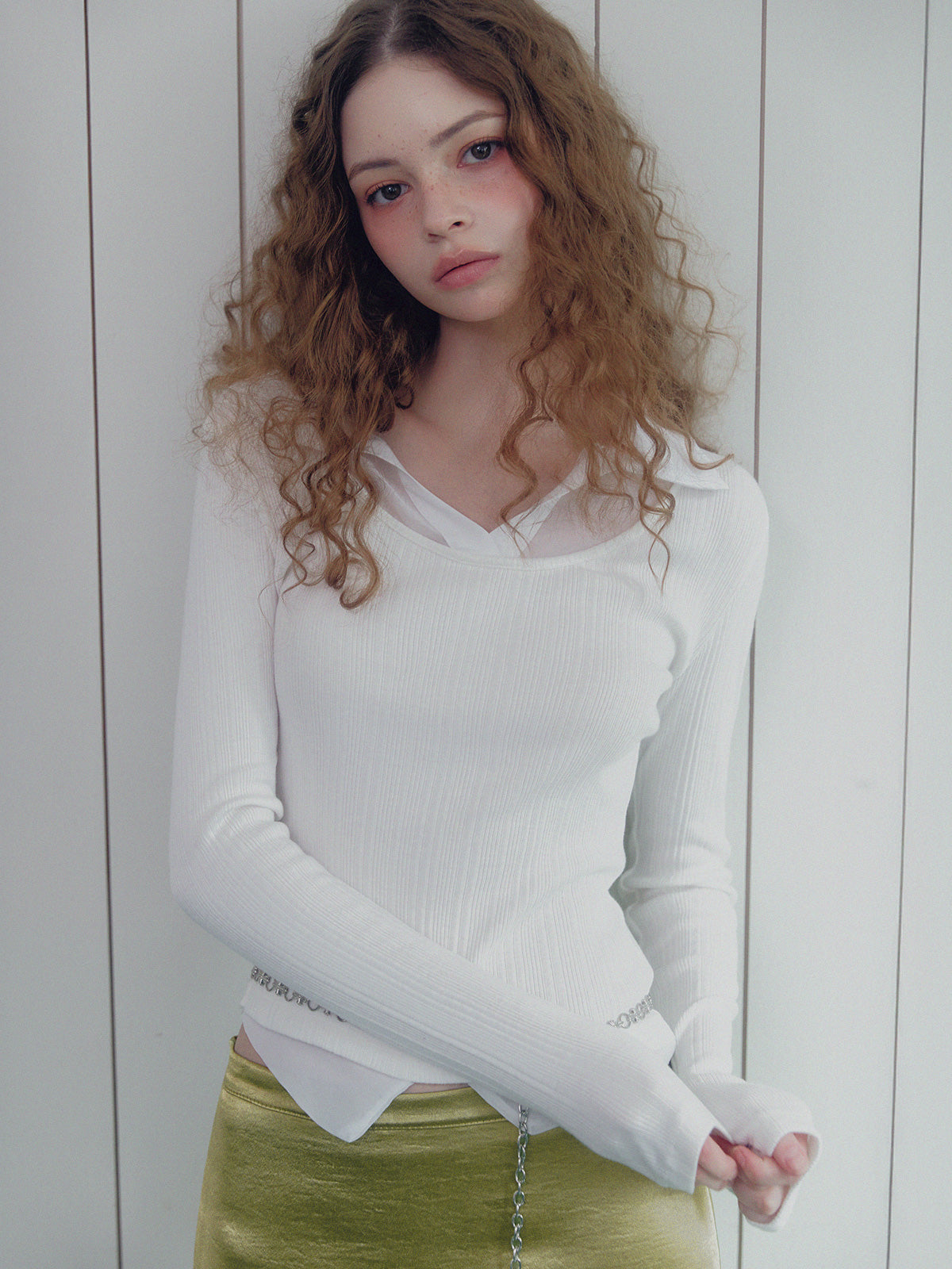 Revel sheer collar rib long sleeve t-shirt