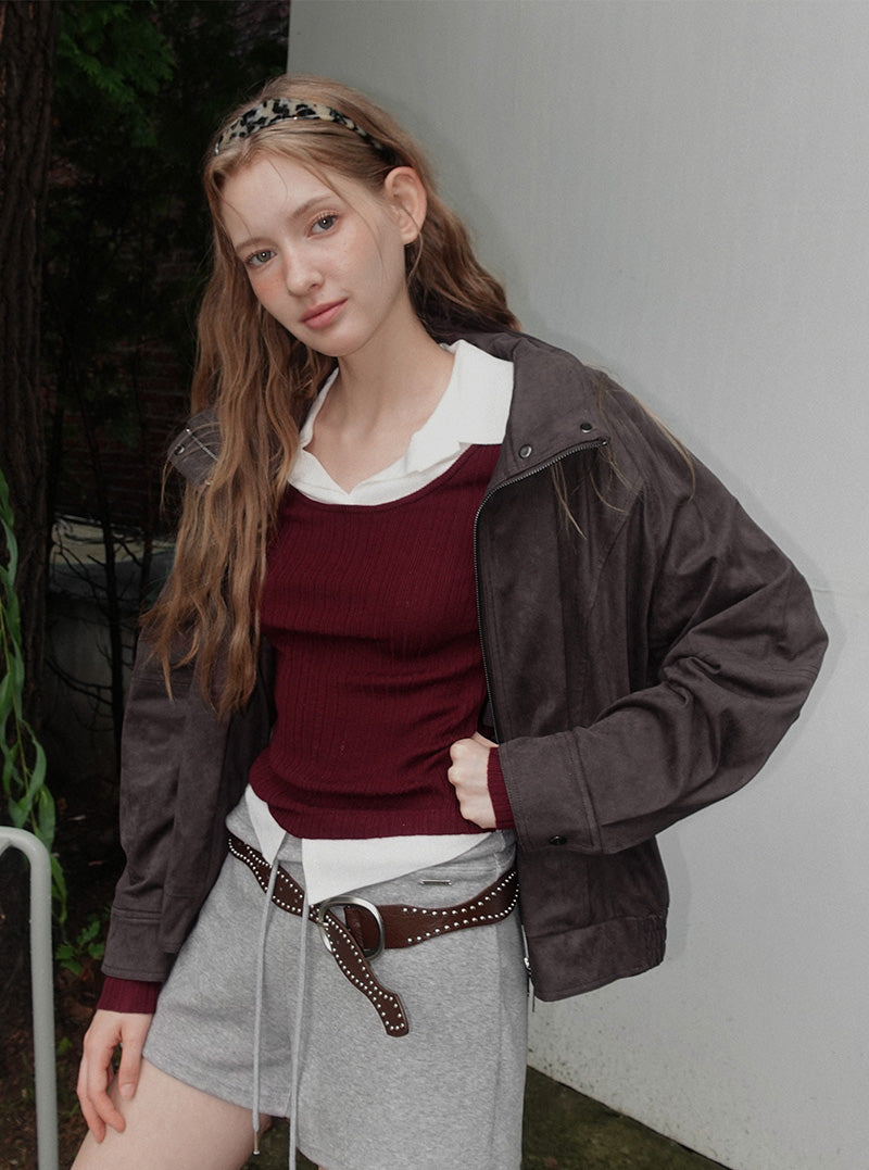 London high-neck suede blouson jumper