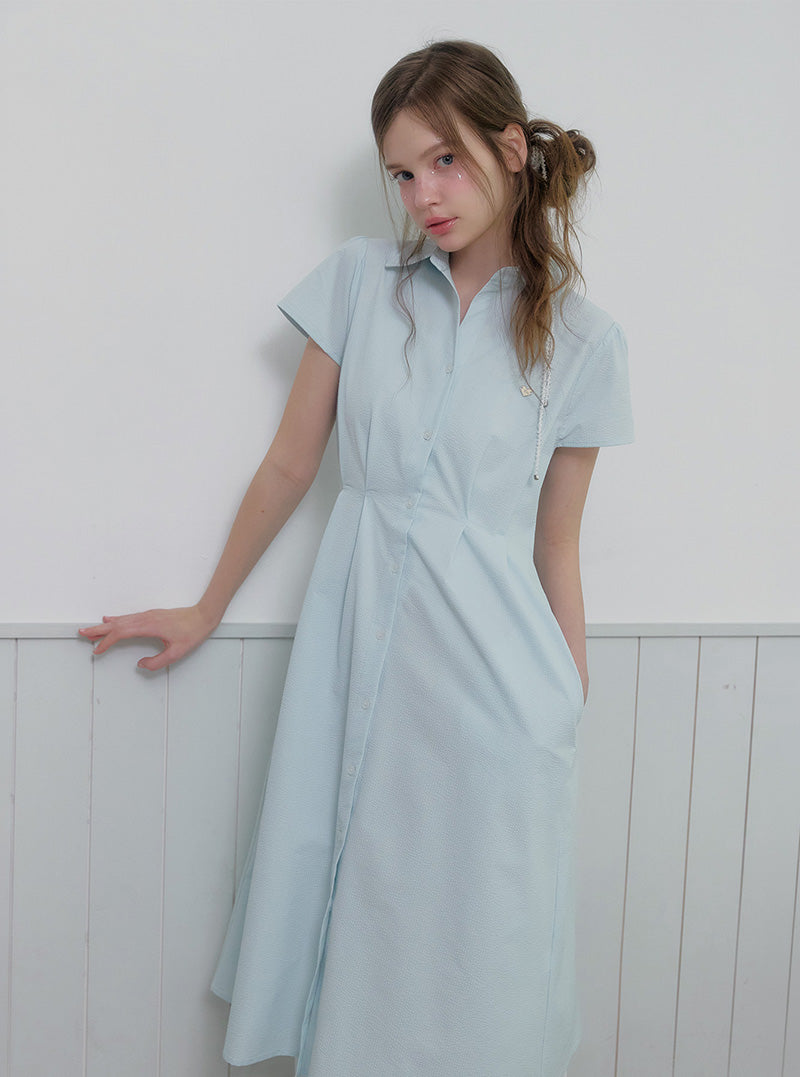 Diring open collar seersucker pintuck long dress