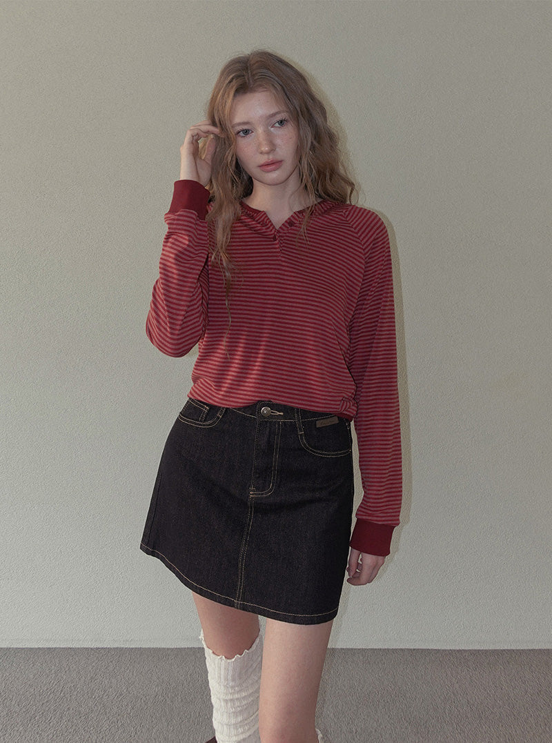 Rori stripe button hood long sleeve T-shirt