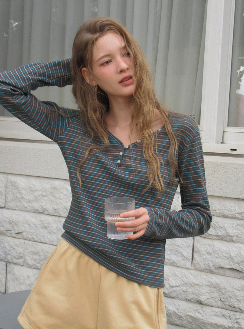 Goben stripe button long sleeve T-shirt