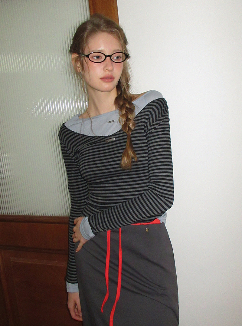 Mayo stripe V-neck long sleeve T-shirt