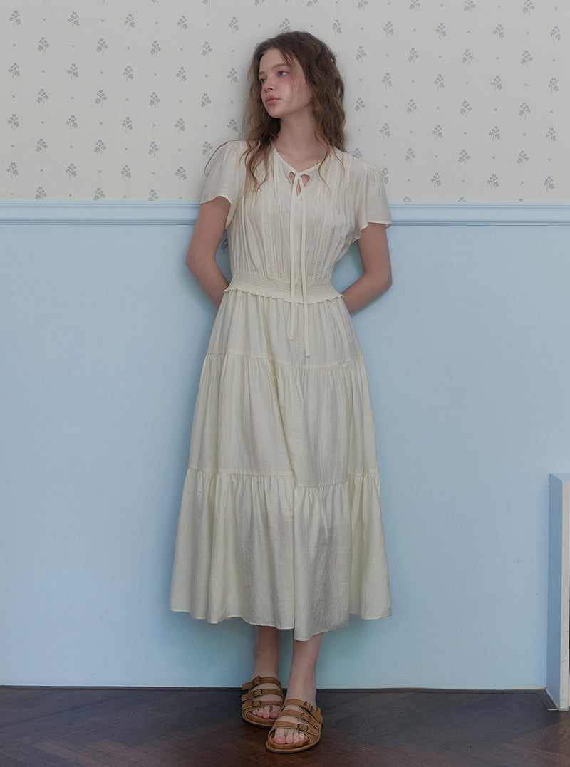 Efen chiffon banding short sleeve long dress