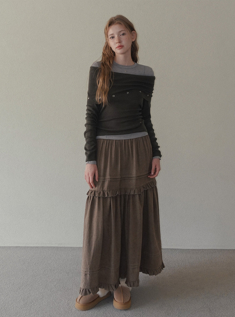 Ripke eyelet off-shoulder long sleeve knit