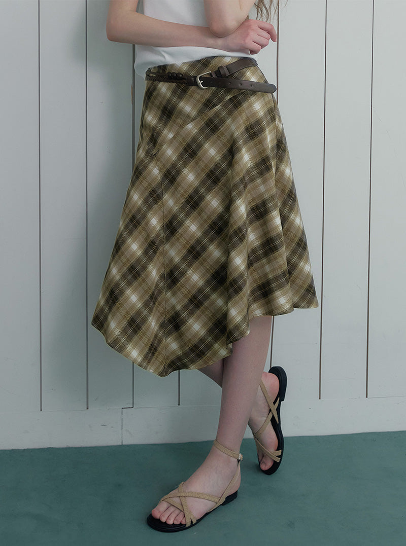 Tozdi check unbalance midi skirt strap set