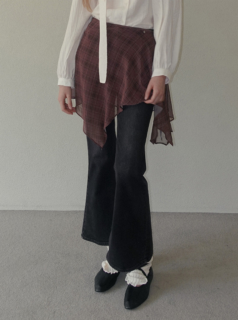 Bran check see-through wrap skirt