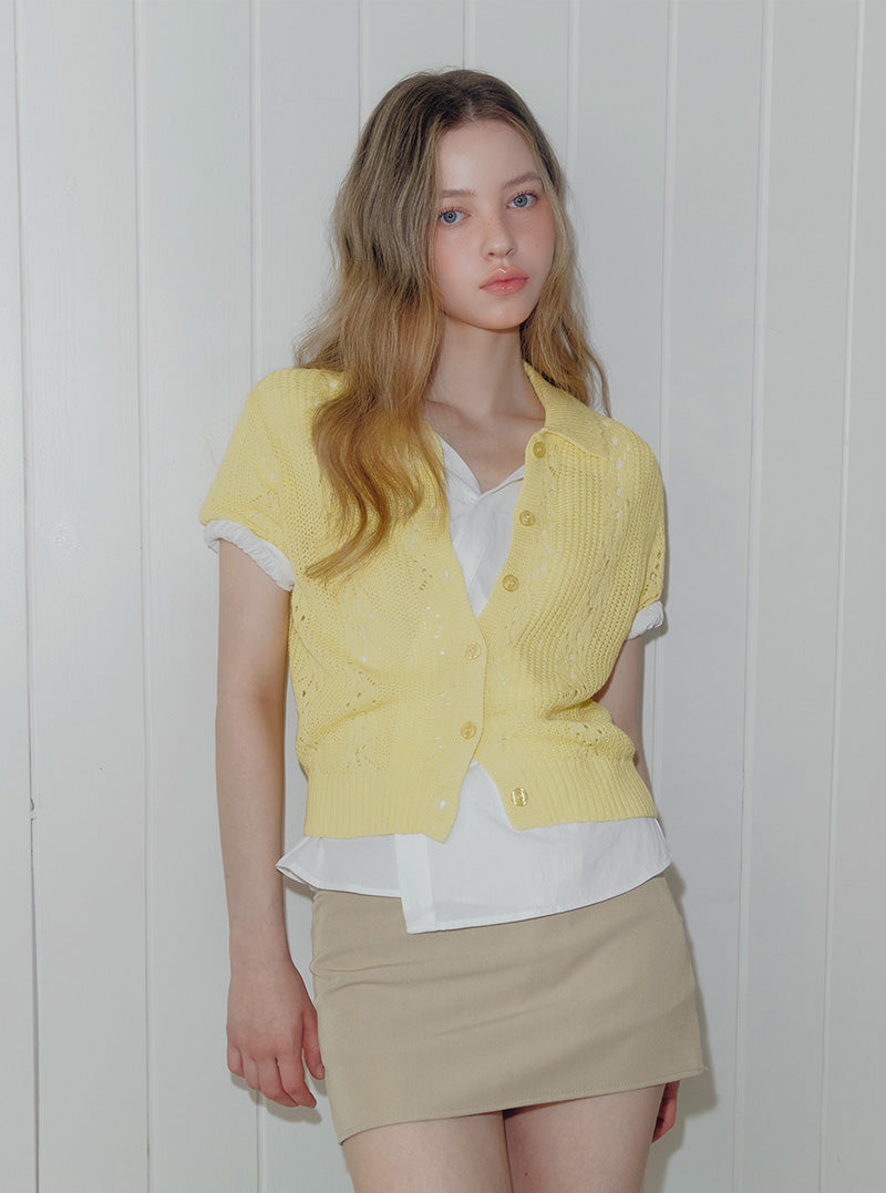 Youd punching collar knit short sleeve cardigan