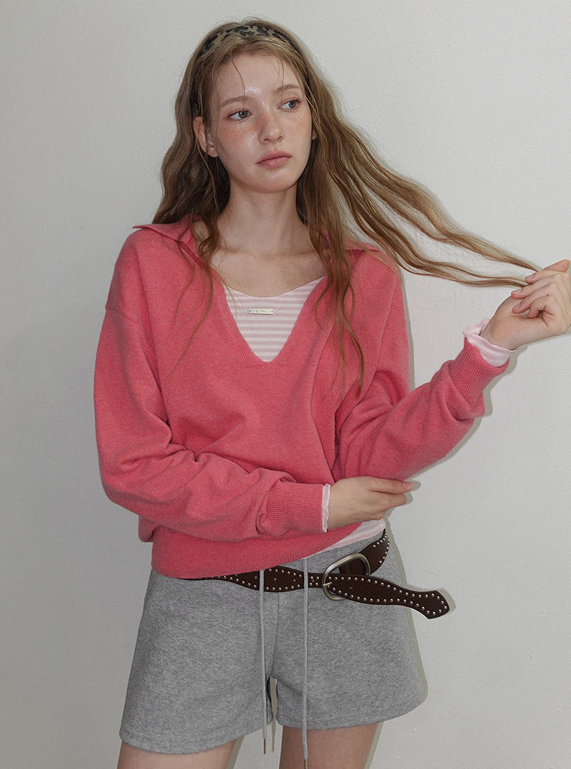 Bwen deep V-neck collar long sleeve knit