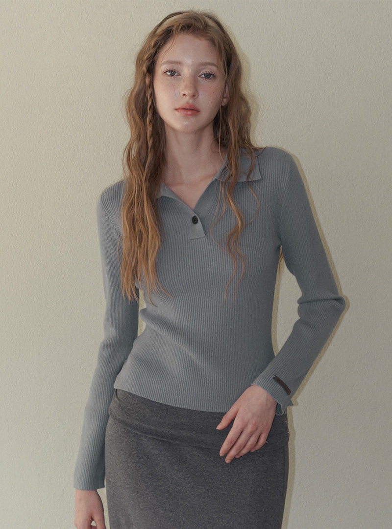 Sireon onebutton collar ribbed long sleeve knit