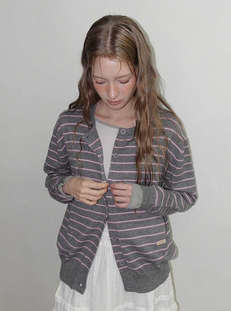 Turns stripe round neck long sleeve cardigan