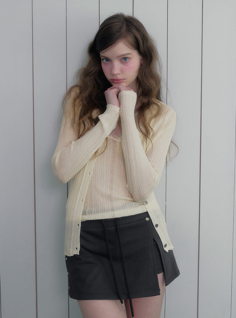 Ticon lace ribbed sleeveless cardigan set