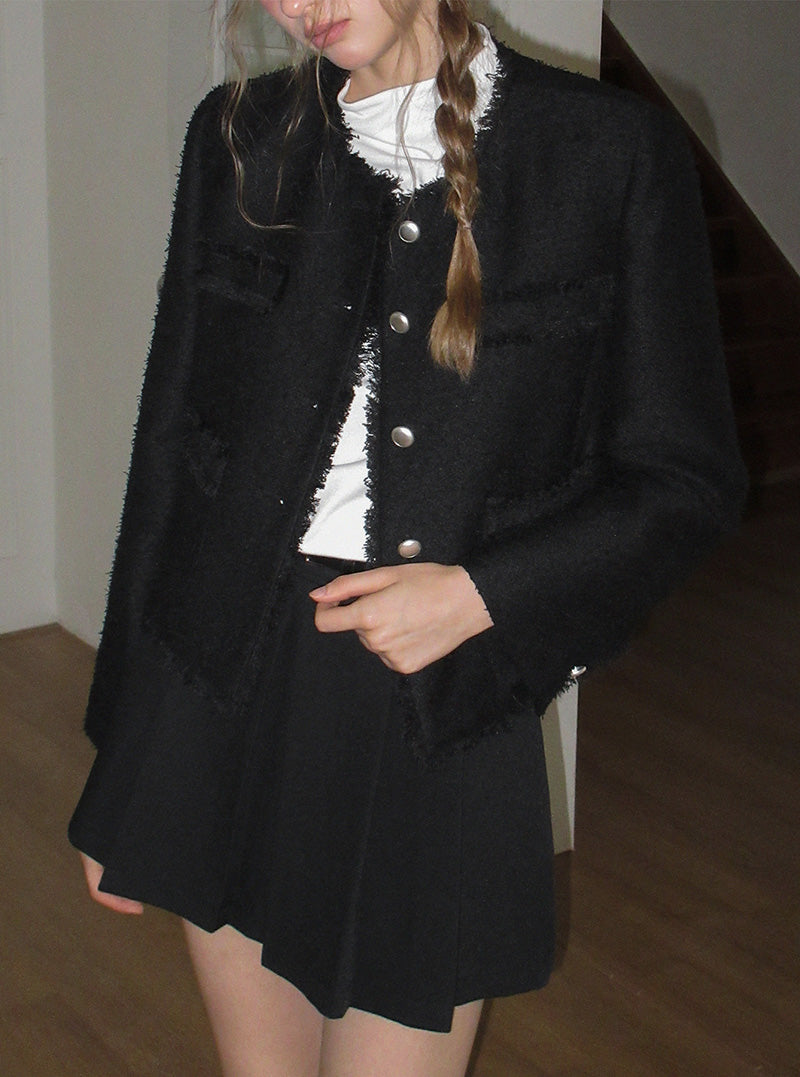 Kire fringe round neck long sleeve tweed jacket