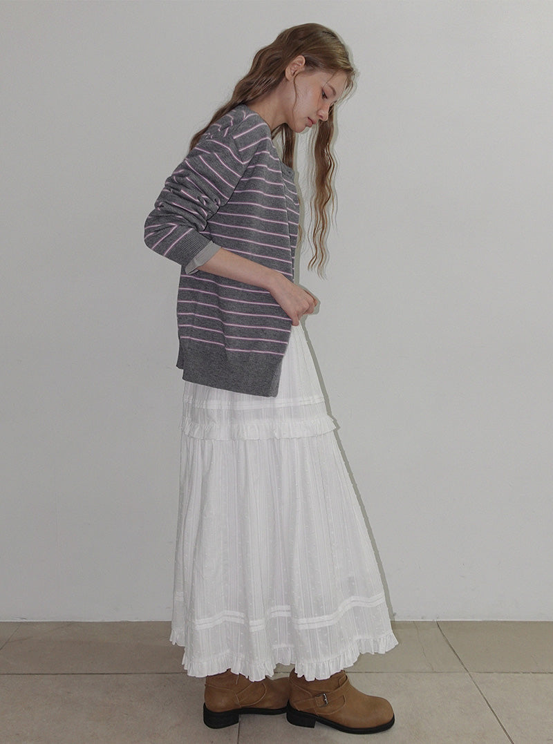 Turns stripe round neck long sleeve cardigan