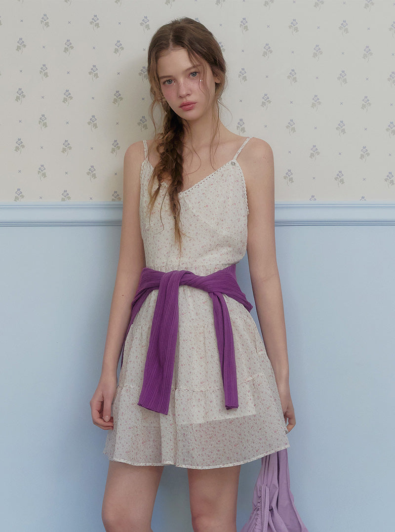 Curly flower chiffon sleeveless mini dress