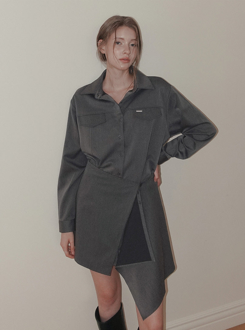 Rink collar shirt dress wrap skirt set