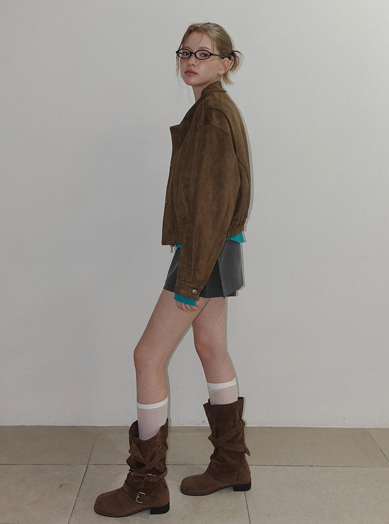 Lati semi-cropped collar long sleeve jumper (leather/suede)