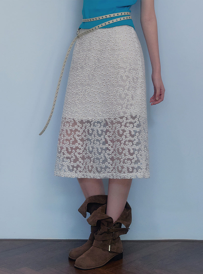 Rutten flower embroidery see-through long skirt