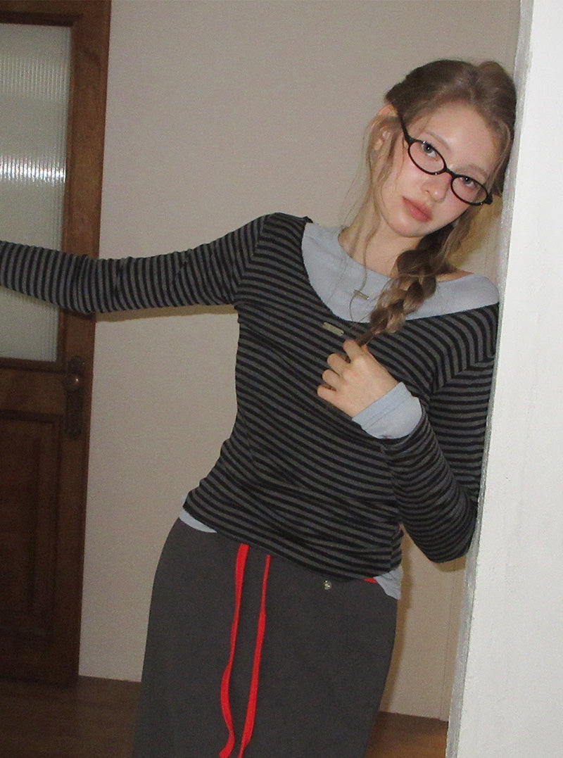 Mayo stripe V-neck long sleeve T-shirt