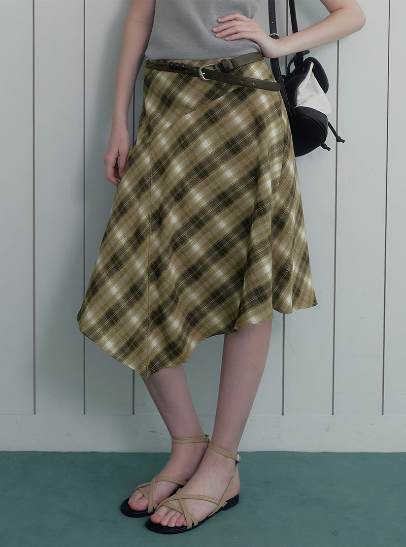 Tozdi check unbalance midi skirt strap set