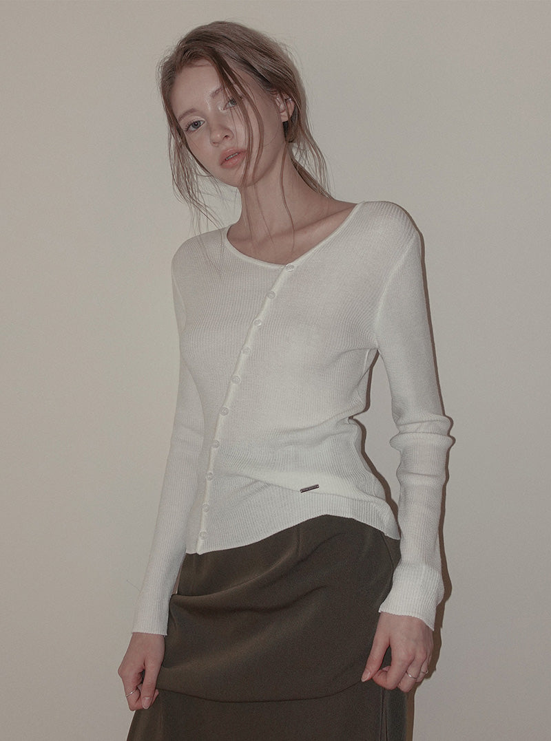 Pullit diagonal asymmetric button long sleeve knit