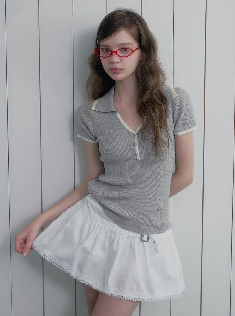 Qming buckle lace flare mini skirt