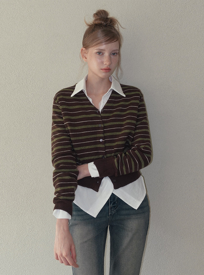 Cure stripe V-neck knit long sleeve cardigan