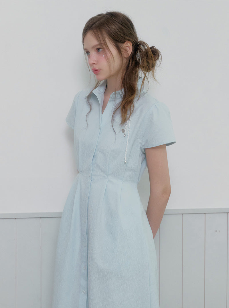 Diring open collar seersucker pintuck long dress