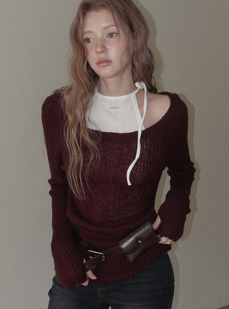 Repco see-through boat neck long sleeve knit