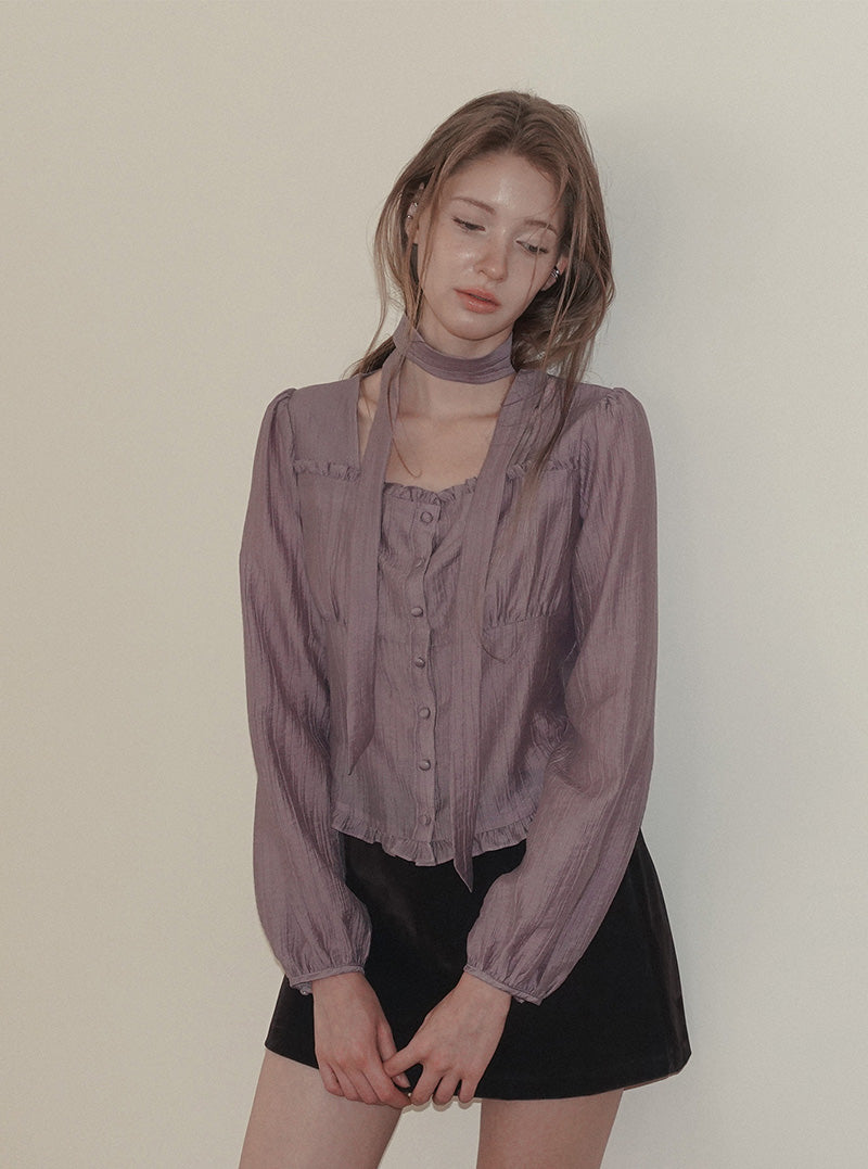 Etis square neck frill long sleeve blouse (strap set)