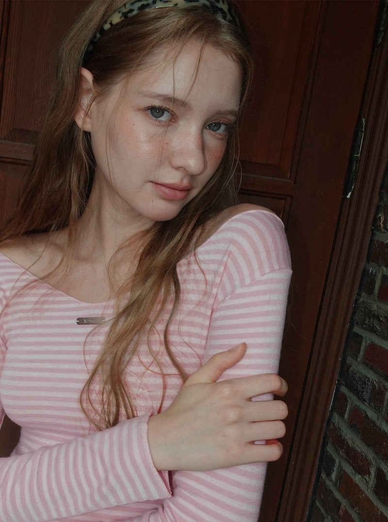 Mayo stripe V-neck long sleeve T-shirt