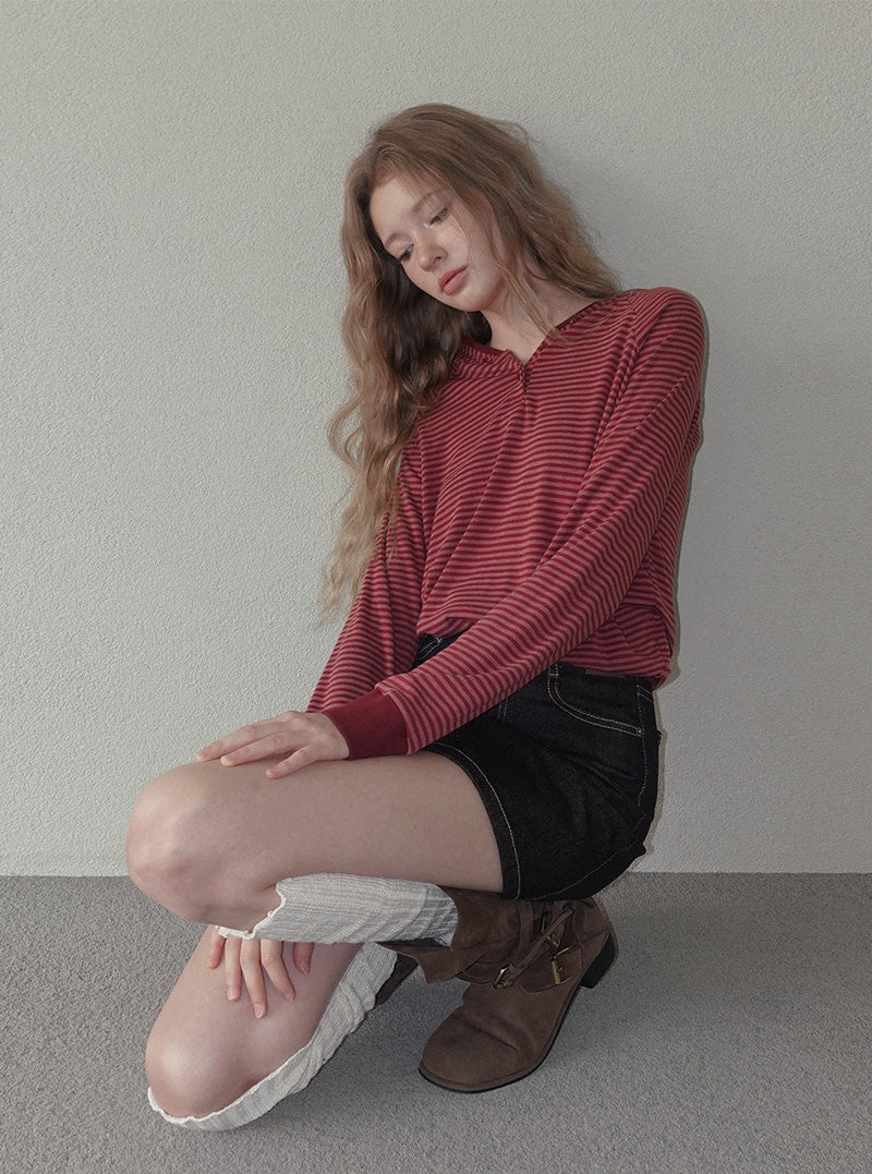 Rori stripe button hood long sleeve T-shirt