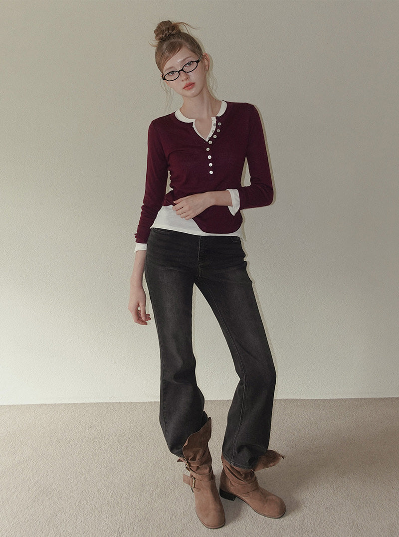 Kidit button V-neck long sleeve knit
